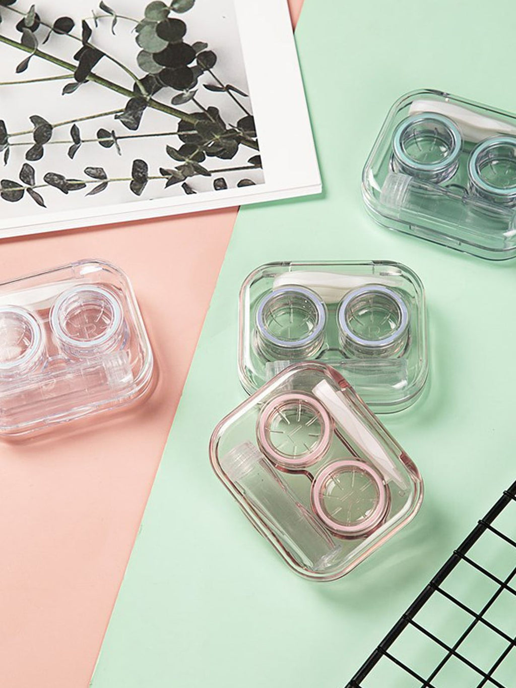 Hard Plastic Transparent Contact Lenses Case with Travel Friendly - Solution Bottle (Random Color)