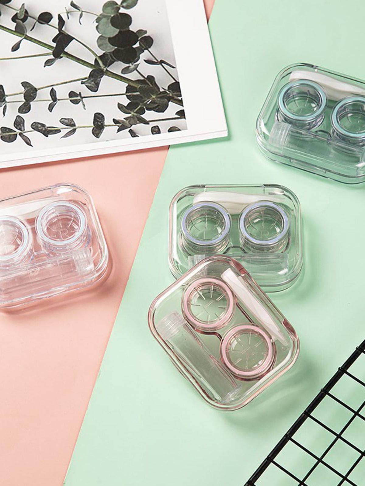 Hard Plastic Transparent Contact Lenses Case with Travel Friendly - Solution Bottle (Random Color)